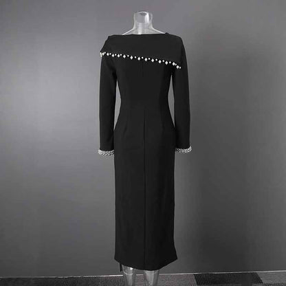 Black Off Shoulder Beaded Dress – Long Evening Gown for Women