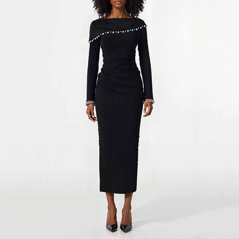 Black Off Shoulder Beaded Dress – Long Evening Gown for Women