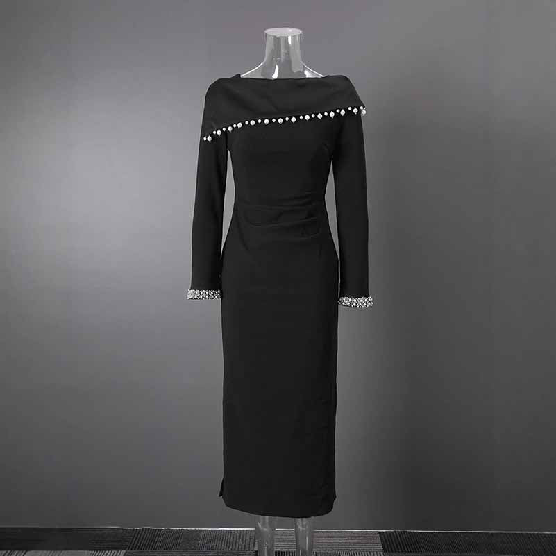 Black Off Shoulder Beaded Dress – Long Evening Gown for Women