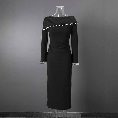 Black Off Shoulder Beaded Dress – Long Evening Gown for Women