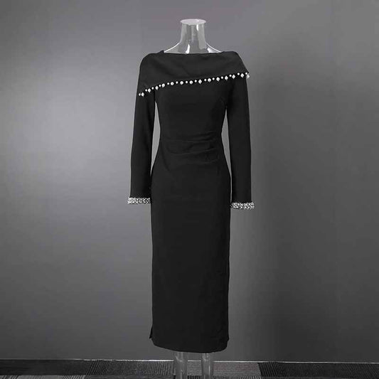 Black Off Shoulder Beaded Dress – Long Evening Gown for Women