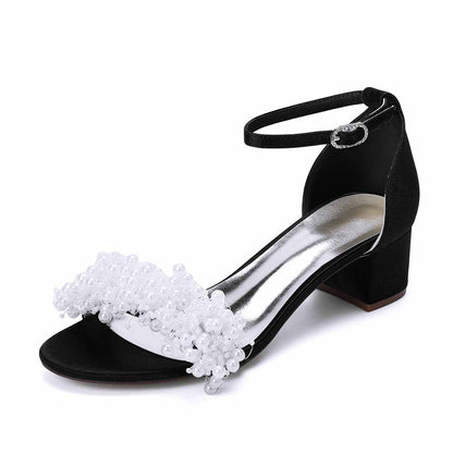 Women's Pearl Bridal Wedding Shoes Chunky Heel Ankle Strap Sandals for Party Evening