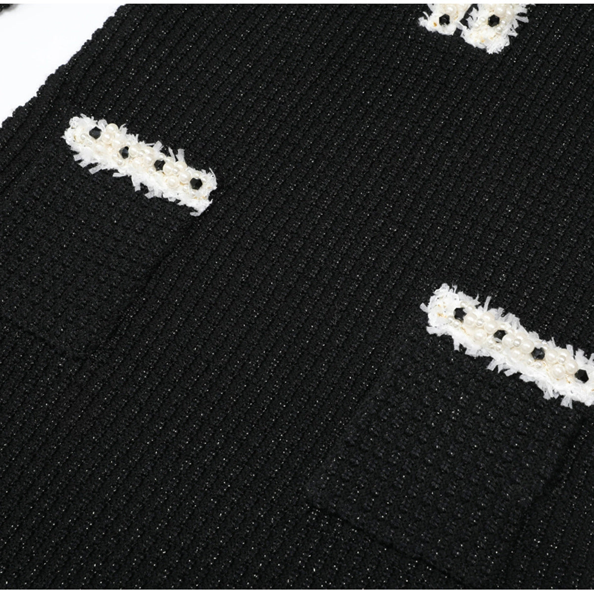 Black Pearl Trim Knit Midi Dress | Long Sleeve Bodycon Dress with White Ruffle Cuffs
