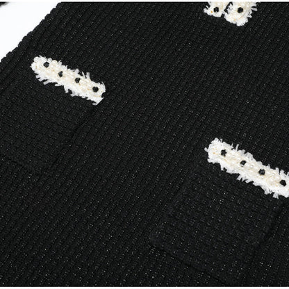 Black Pearl Trim Knit Midi Dress | Long Sleeve Bodycon Dress with White Ruffle Cuffs