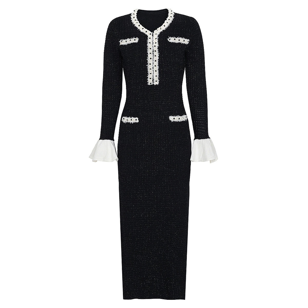 Black Pearl Trim Knit Midi Dress | Long Sleeve Bodycon Dress with White Ruffle Cuffs
