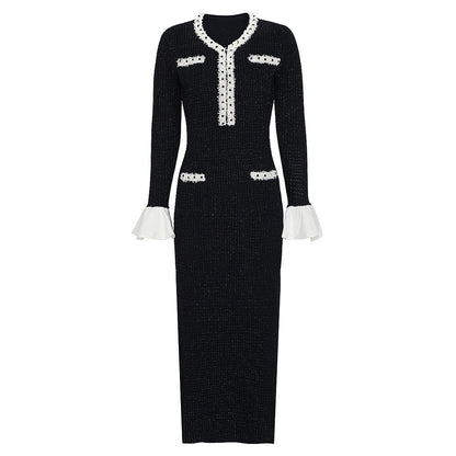 Black Pearl Trim Knit Midi Dress | Long Sleeve Bodycon Dress with White Ruffle Cuffs
