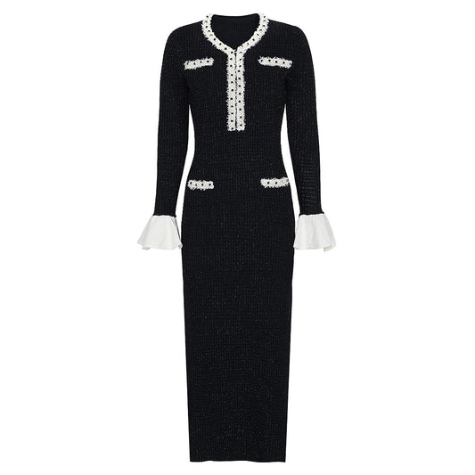 Black Pearl Trim Knit Midi Dress | Long Sleeve Bodycon Dress with White Ruffle Cuffs