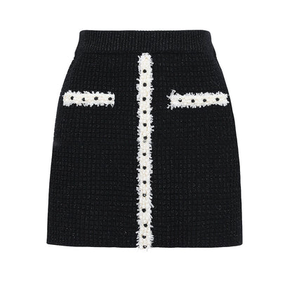 Black Pearl Trim Knit Set | Cardigan & Mini Skirt 2 Piece Outfit