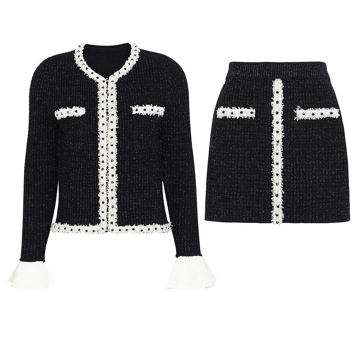 Black Pearl Trim Knit Set | Cardigan & Mini Skirt 2 Piece Outfit