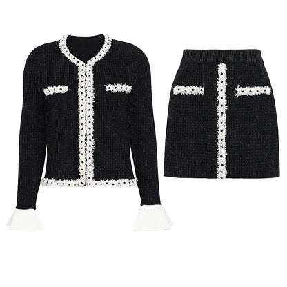 Black Pearl Trim Knit Set | Cardigan & Mini Skirt 2 Piece Outfit