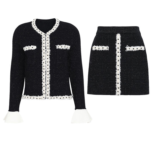 Black Pearl Trim Knit Set | Cardigan & Mini Skirt 2 Piece Outfit
