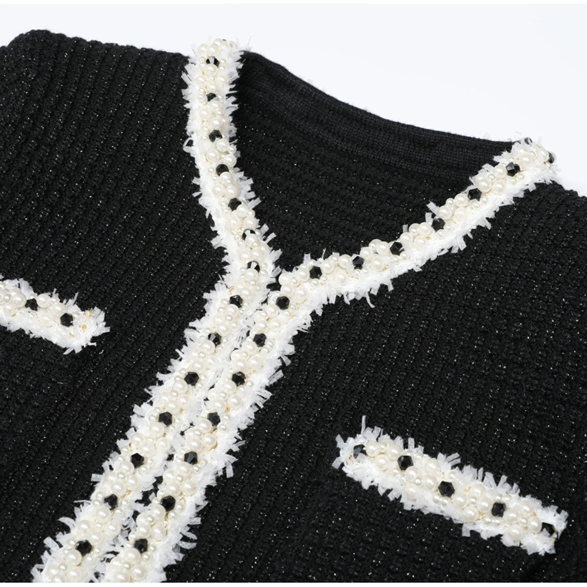 Black Pearl Trim Knit Set | Cardigan & Mini Skirt 2 Piece Outfit
