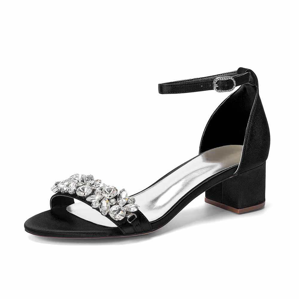 Women's Rhinestone Embellished Satin Strap Chunky Heel Sandals - Wedding Party Bridal Dress Shoes for Women