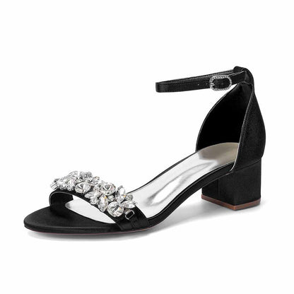 Women's Rhinestone Embellished Satin Strap Chunky Heel Sandals - Wedding Party Bridal Dress Shoes for Women