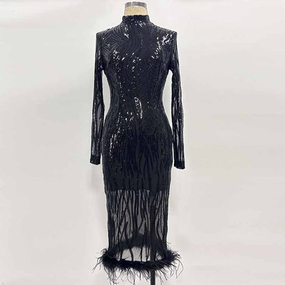 Black Sequin Mini Dress With Sleeves Bodycon Dress Feathers Cocktail Dress