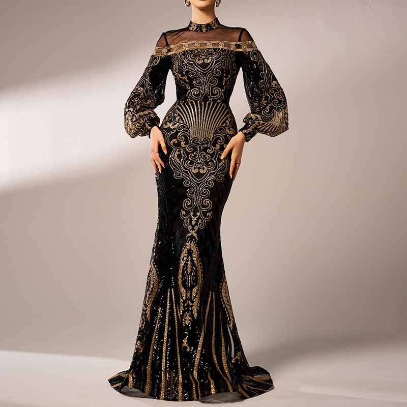 Black Sequin Prom Dress Mermaid Long Bishop Sleeve Ball Gowns