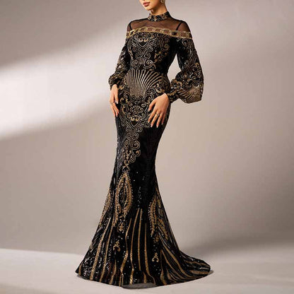 Black Sequin Prom Dress Mermaid Long Bishop Sleeve Ball Gowns
