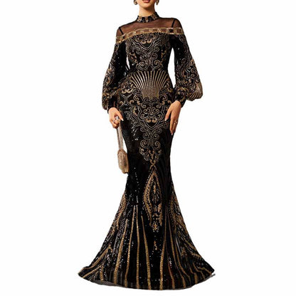 Black Sequin Prom Dress Mermaid Long Bishop Sleeve Ball Gowns