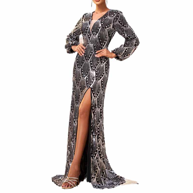 Black Sequin Prom Dress V-Neck Bishop Sleeve Long Evening Dress