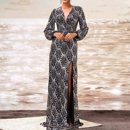 Black Sequin Prom Dress V-Neck Bishop Sleeve Long Evening Dress