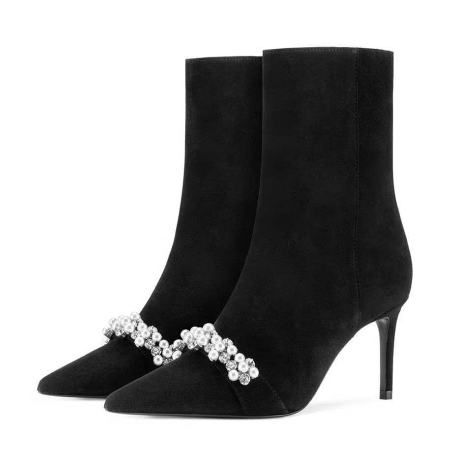 Black Stretch Suede Pearl Rhinestone Stiletto Ankle Boots