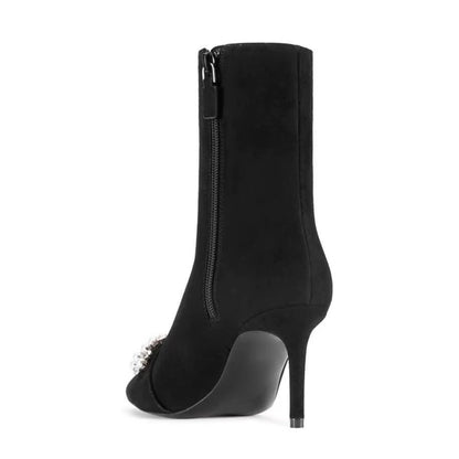 Black Stretch Suede Pearl Rhinestone Stiletto Ankle Boots