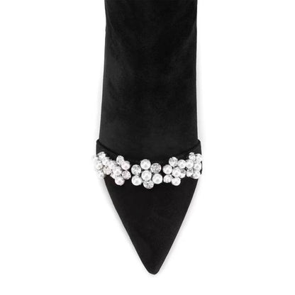 Black Stretch Suede Pearl Rhinestone Stiletto Ankle Boots