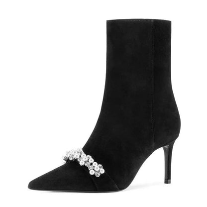 Black Stretch Suede Pearl Rhinestone Stiletto Ankle Boots
