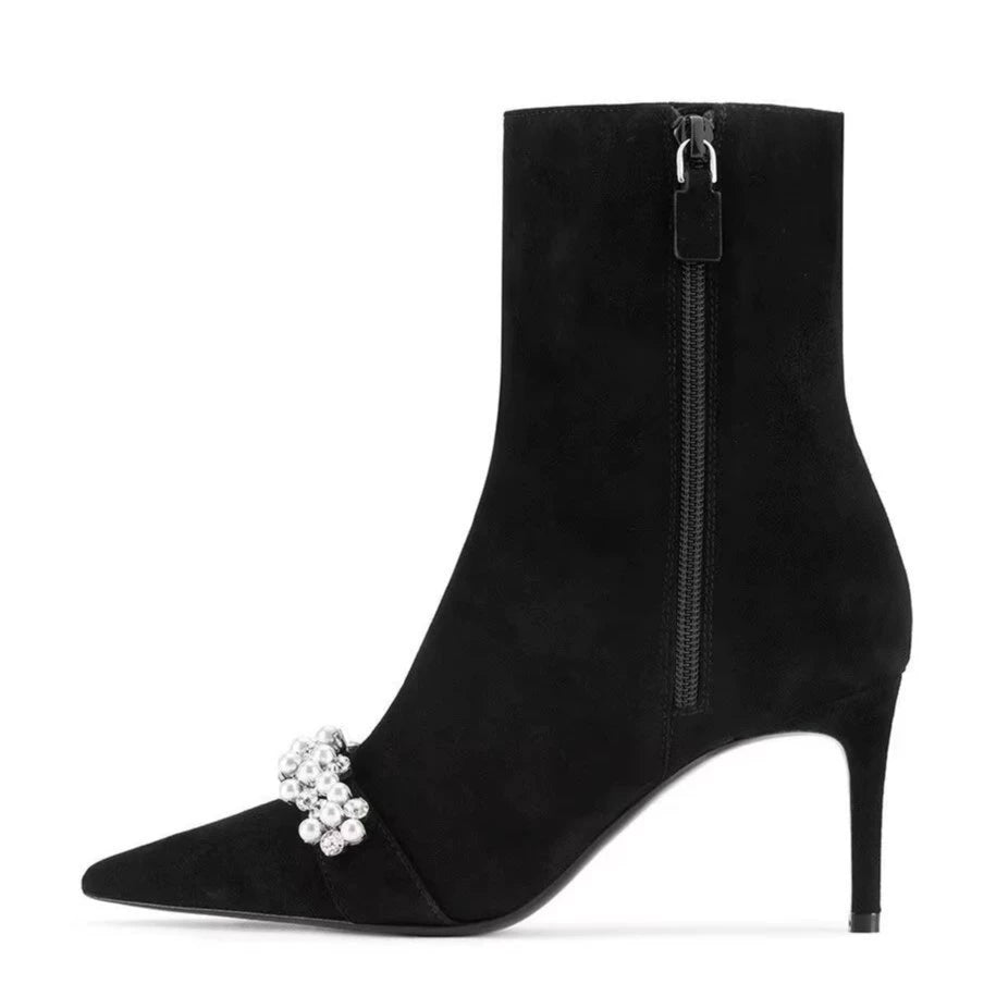 Black Stretch Suede Pearl Rhinestone Stiletto Ankle Boots