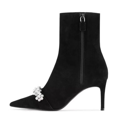 Black Stretch Suede Pearl Rhinestone Stiletto Ankle Boots