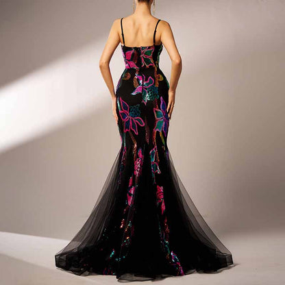 Black Floral Sequin Spaghetti Strap Prom Dress Mermaid Ball Gown Bridesmaid Dress