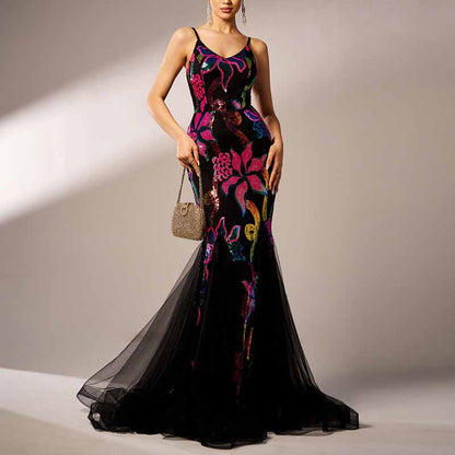 Black Floral Sequin Spaghetti Strap Prom Dress Mermaid Ball Gown Bridesmaid Dress