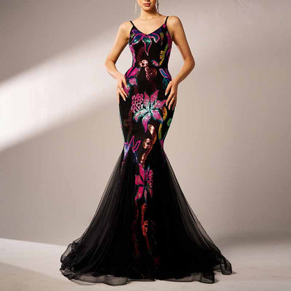 Black Floral Sequin Spaghetti Strap Prom Dress Mermaid Ball Gown Bridesmaid Dress