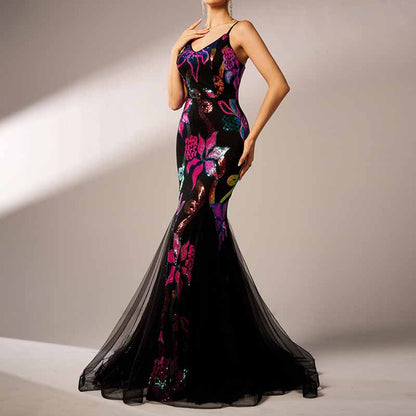 Black Floral Sequin Spaghetti Strap Prom Dress Mermaid Ball Gown Bridesmaid Dress