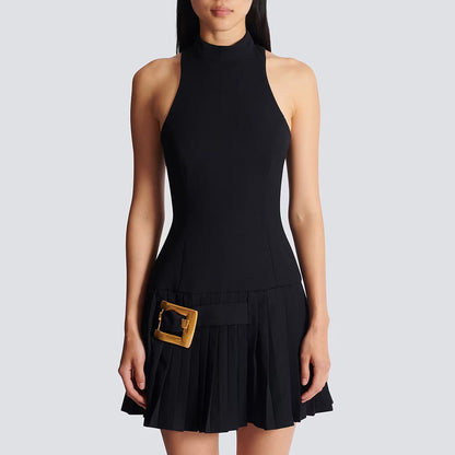 Black High Neck Halter Mini Dress with Gold Buckle & Pleated Skirt – Elegant & Edgy Evening Wear
