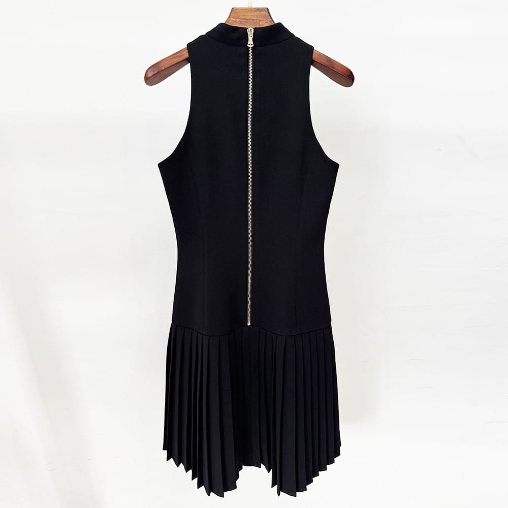 Black High Neck Halter Mini Dress with Gold Buckle & Pleated Skirt – Elegant & Edgy Evening Wear