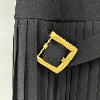 Black High Neck Halter Mini Dress with Gold Buckle & Pleated Skirt – Elegant & Edgy Evening Wear