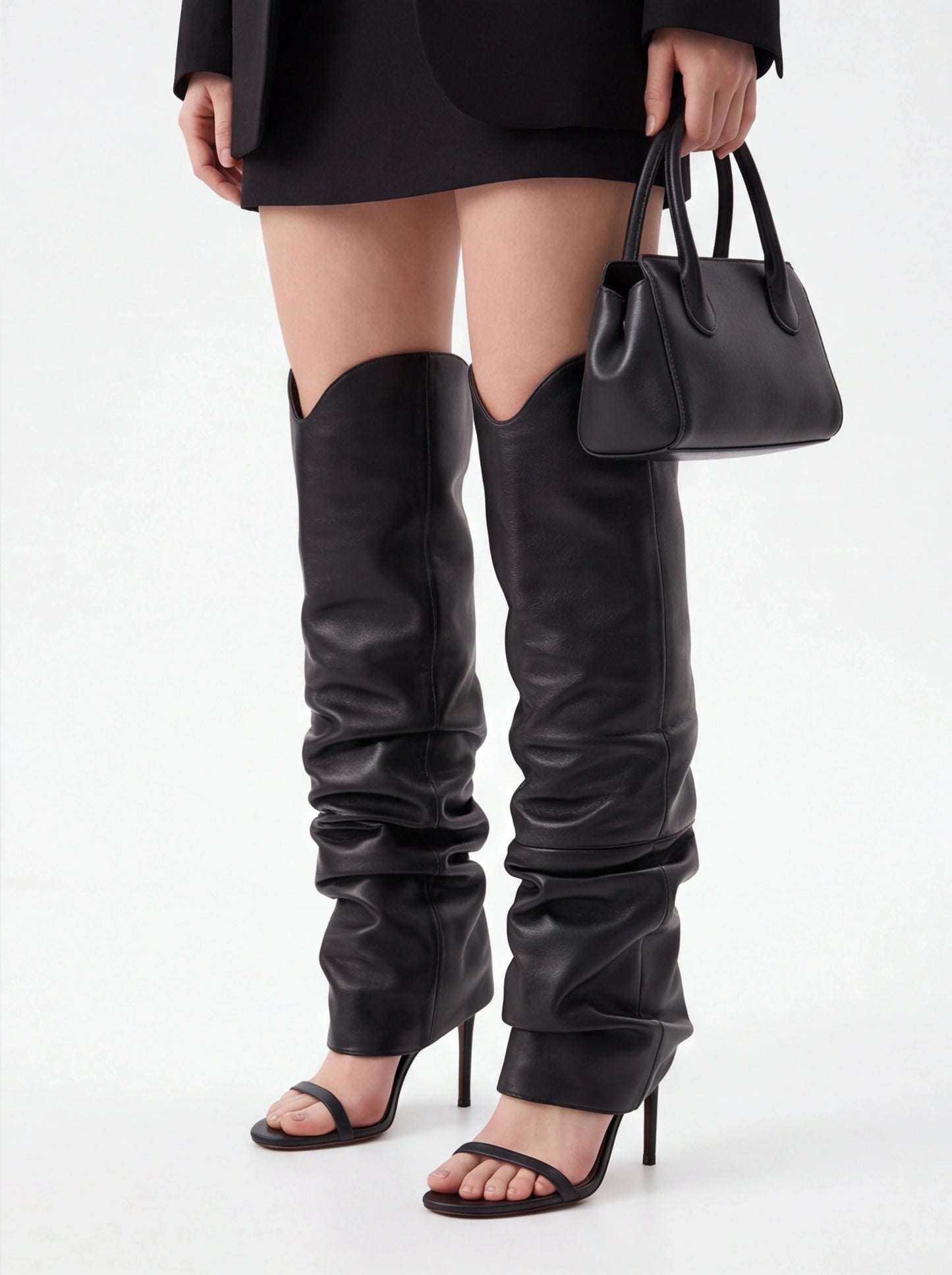 Black slouchy over the knee boots with open toe stiletto heels for women