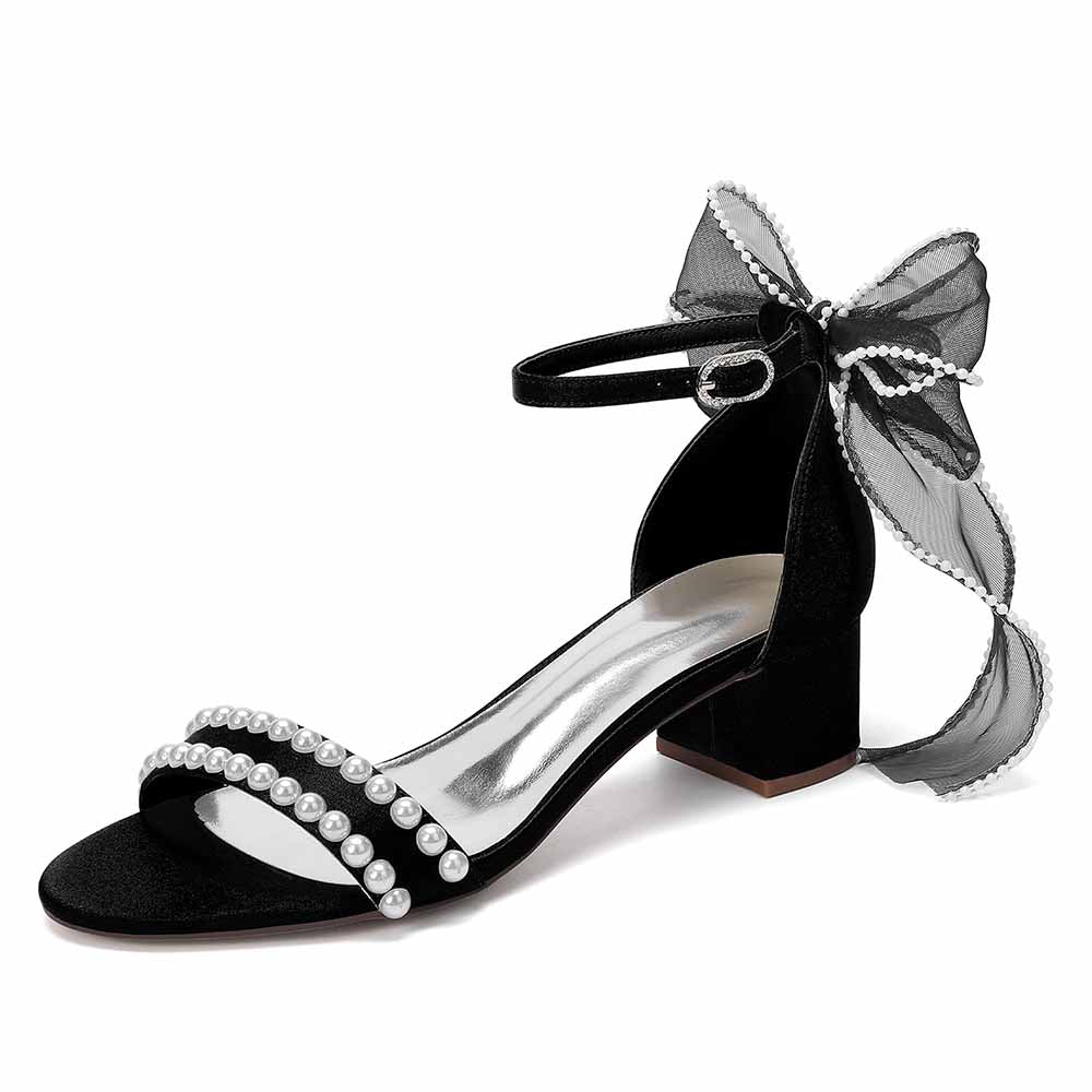 Women's Pearl Bridal Sandals with Bowknot, Block Heel Ankle Strap Wedding Shoes