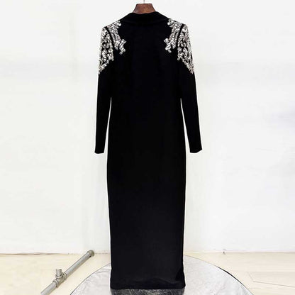 Deep-V Backless Long Evening Dress Black Crystal Beads Maxi Dress