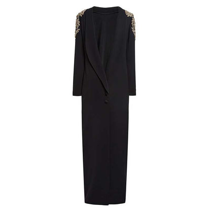 Deep-V Backless Long Evening Dress Black Crystal Beads Maxi Dress