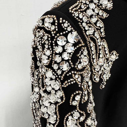 Deep-V Backless Long Evening Dress Black Crystal Beads Maxi Dress