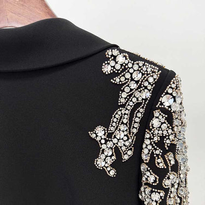 Deep-V Backless Long Evening Dress Black Crystal Beads Maxi Dress