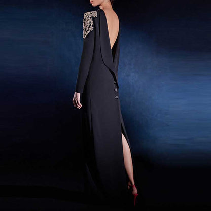 Deep-V Backless Long Evening Dress Black Crystal Beads Maxi Dress