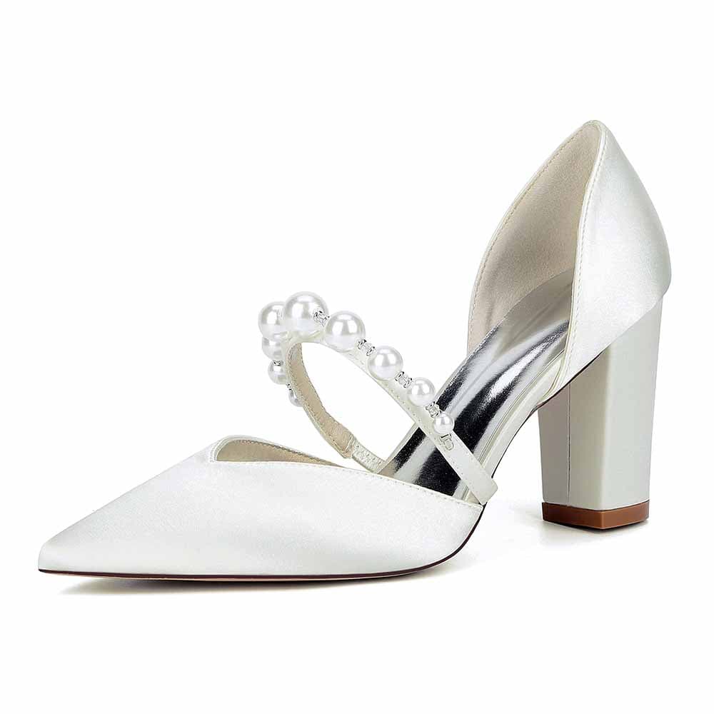 Block Bridal Heels Cross Pearl Strap Pumps Wedding Dress Shoes