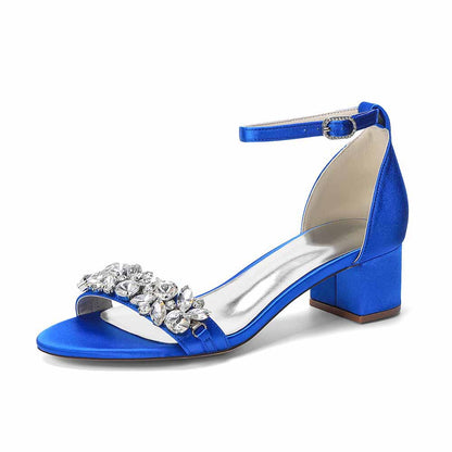 Women's Rhinestone Embellished Satin Strap Chunky Heel Sandals - Wedding Party Bridal Dress Shoes for Women