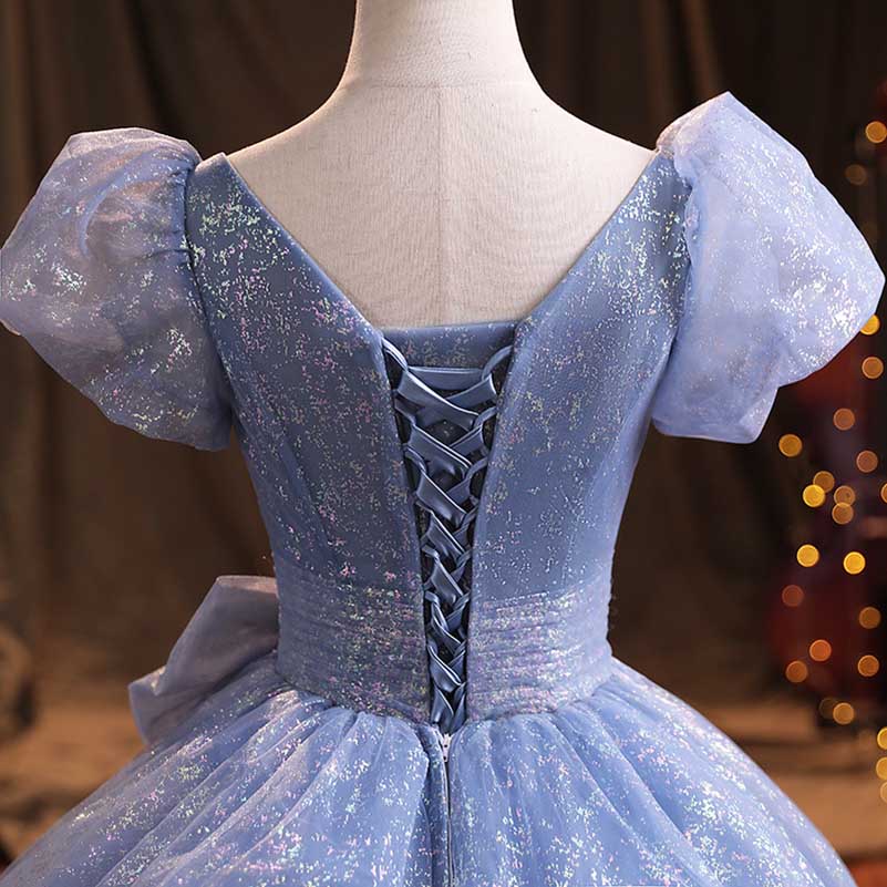 Puffed Sleeve Blue Sparkle Tulle Ball Gown Dress