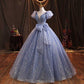 Puffed Sleeve Blue Sparkle Tulle Ball Gown Dress