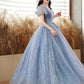 Puffed Sleeve Blue Sparkle Tulle Ball Gown Dress