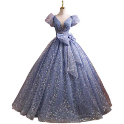 Puffed Sleeve Blue Sparkle Tulle Ball Gown Dress